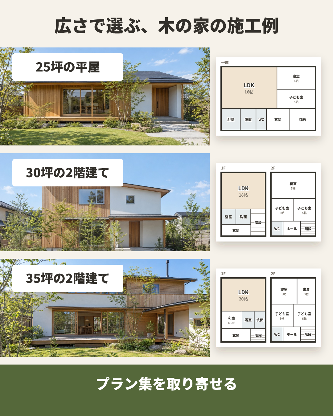 キノメ工務店の見本のクリエイティブ(広さで選ぶ × 広さ別の写真と図を並べる):広さで選ぶ、木の家の施工例