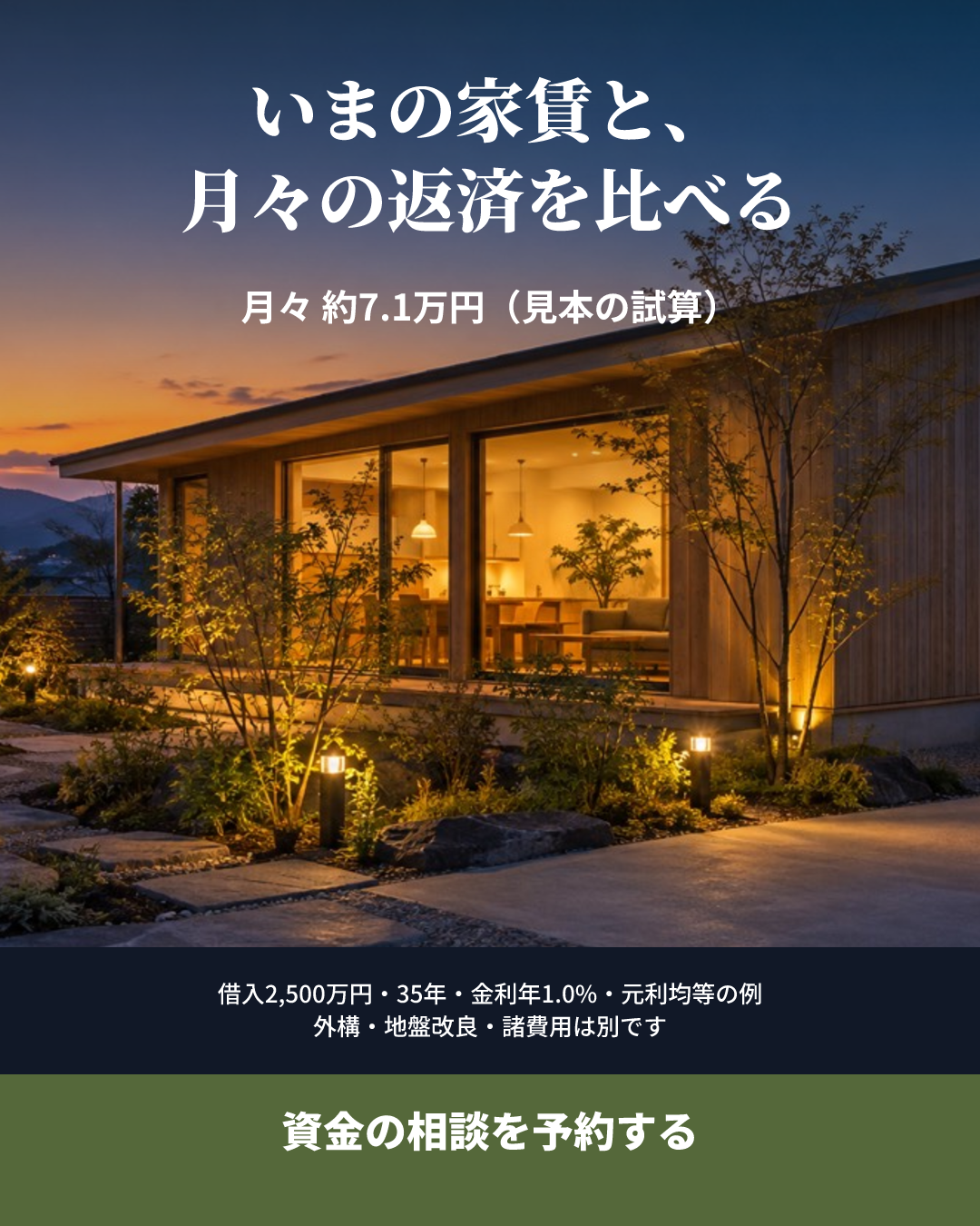 キノメ工務店の見本のクリエイティブ(月々で考える × 夕景の写真+価格の考え方):いまの家賃と、月々の返済を比べる