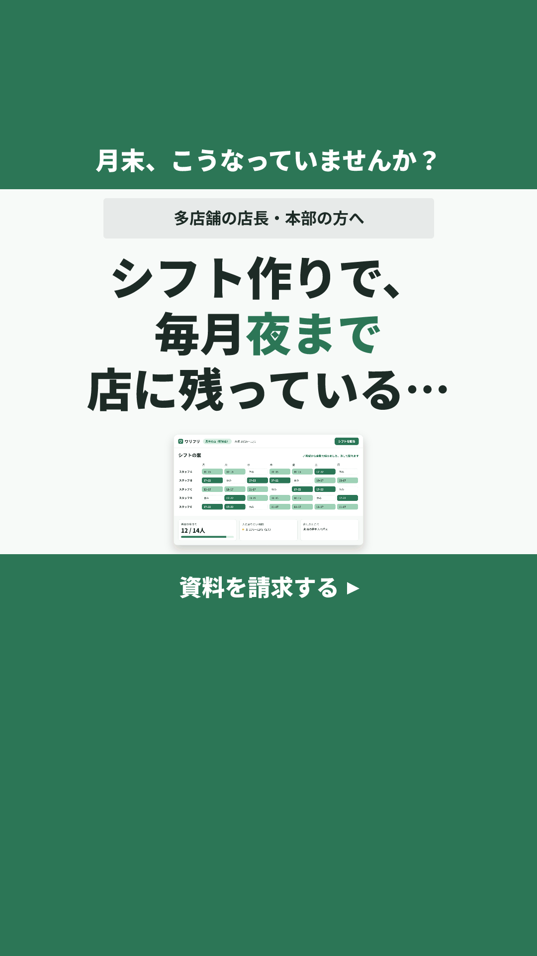 ワリフリの見本のクリエイティブ(シフト作りの時間 × 悩みの問いかけの帯+画面):シフト作りで、毎月夜まで店に残っている…(9:16)