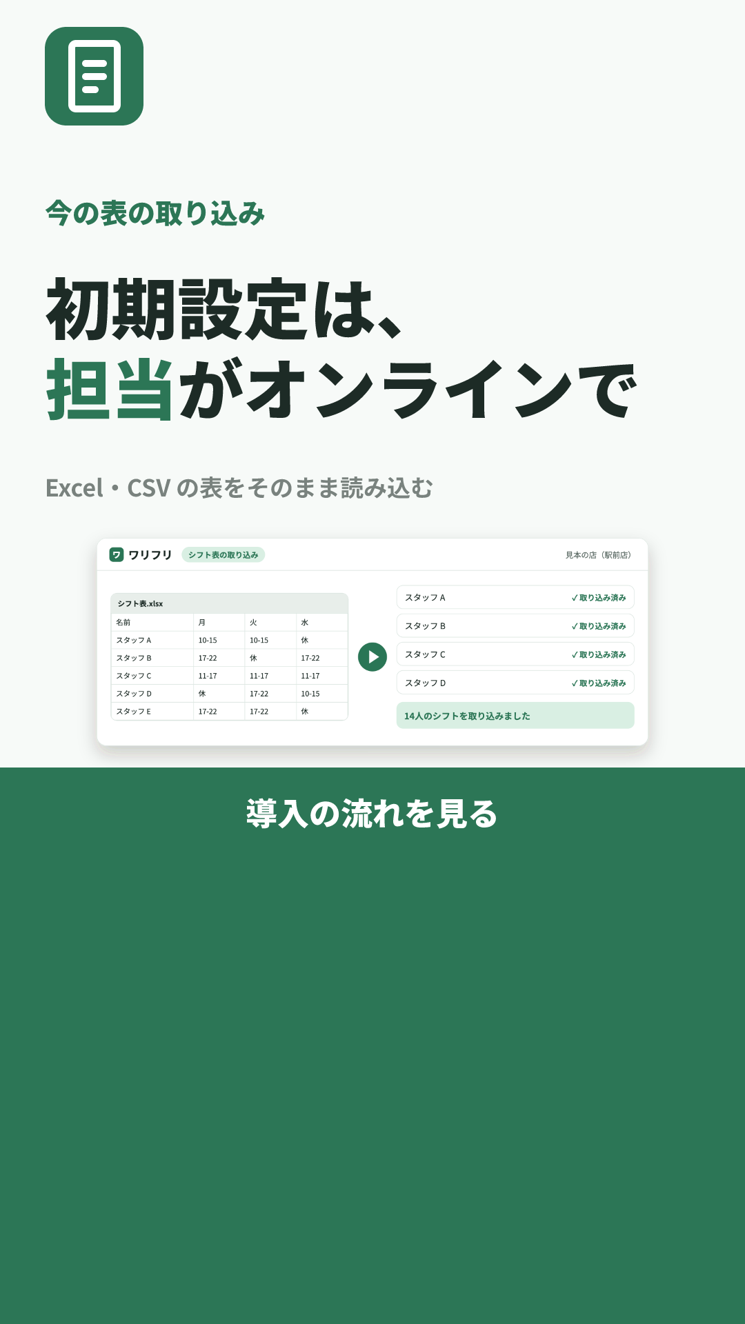 ワリフリの見本のクリエイティブ(導入の手間 × 機能のアイコン+機能名):初期設定は、担当がオンラインで(9:16)